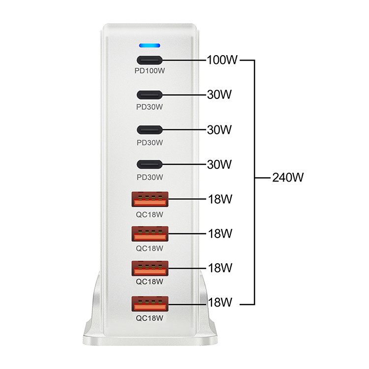 240W 65watt 8-Port USB Charger Charging Station for Multiple Devices with LED Display (Laptops/Tablets/Phones)